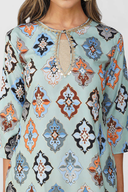 Ruhi Ikat Satin Silk Kurta Set – Mint Mosaic