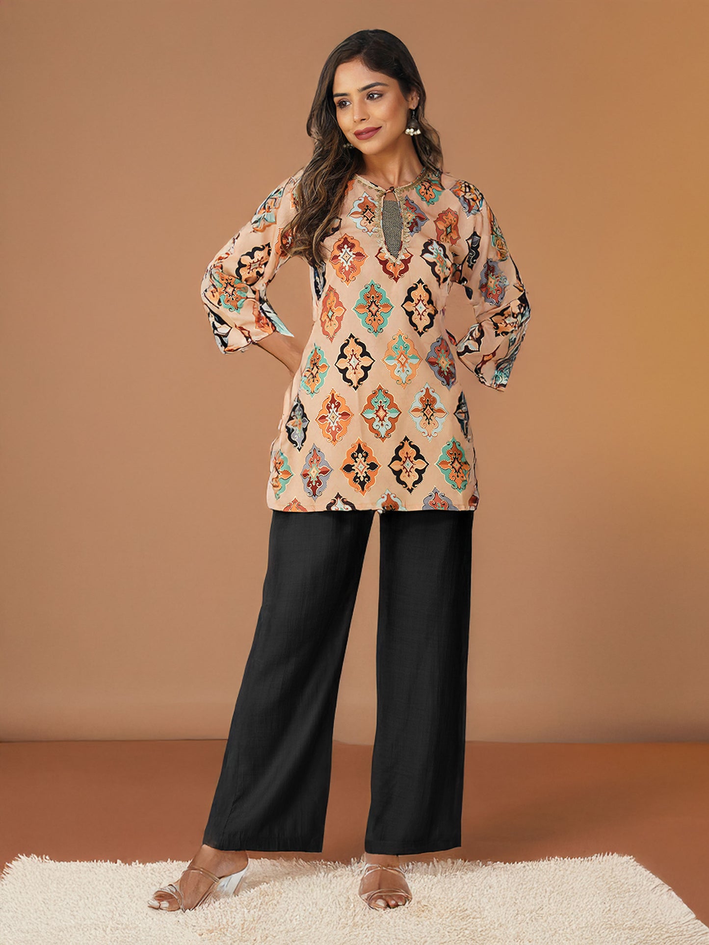 Ruhi Ikat Satin Silk Kurta Set – Peach Festive Bloom