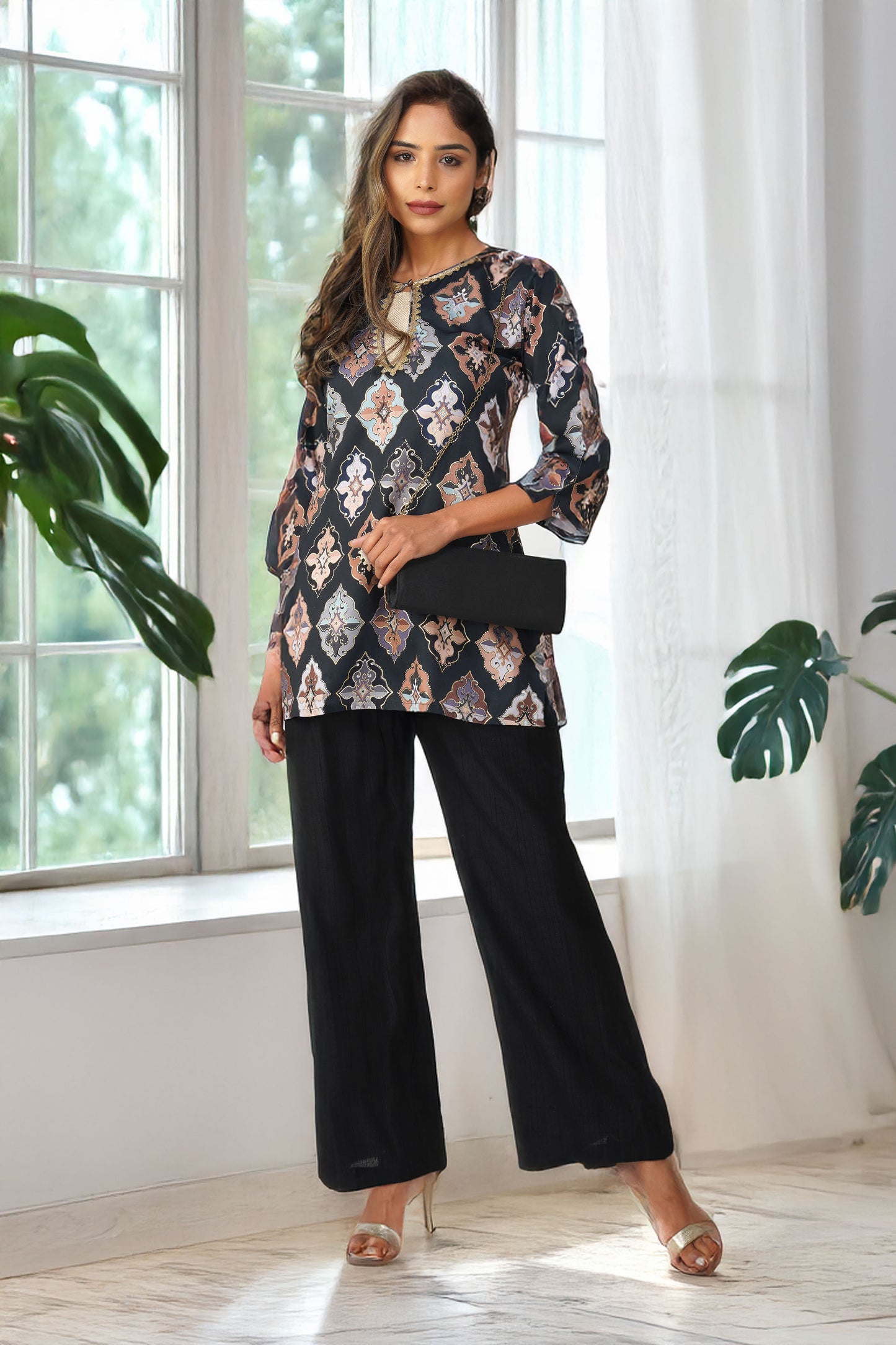Ruhi Ikat Satin Silk Kurta Set – Noir Mosaic