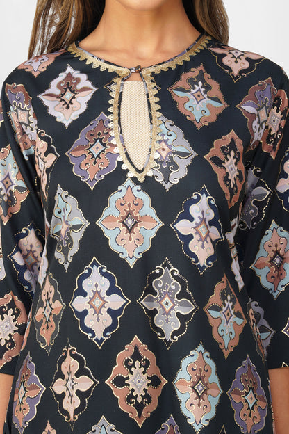 Ruhi Ikat Satin Silk Kurta Set – Noir Mosaic