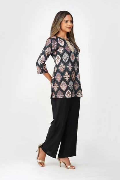 Ruhi Ikat Satin Silk Kurta Set – Noir Mosaic