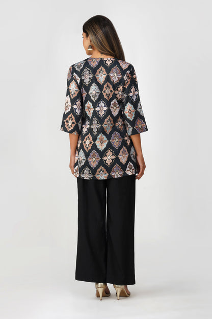 Ruhi Ikat Satin Silk Kurta Set – Noir Mosaic