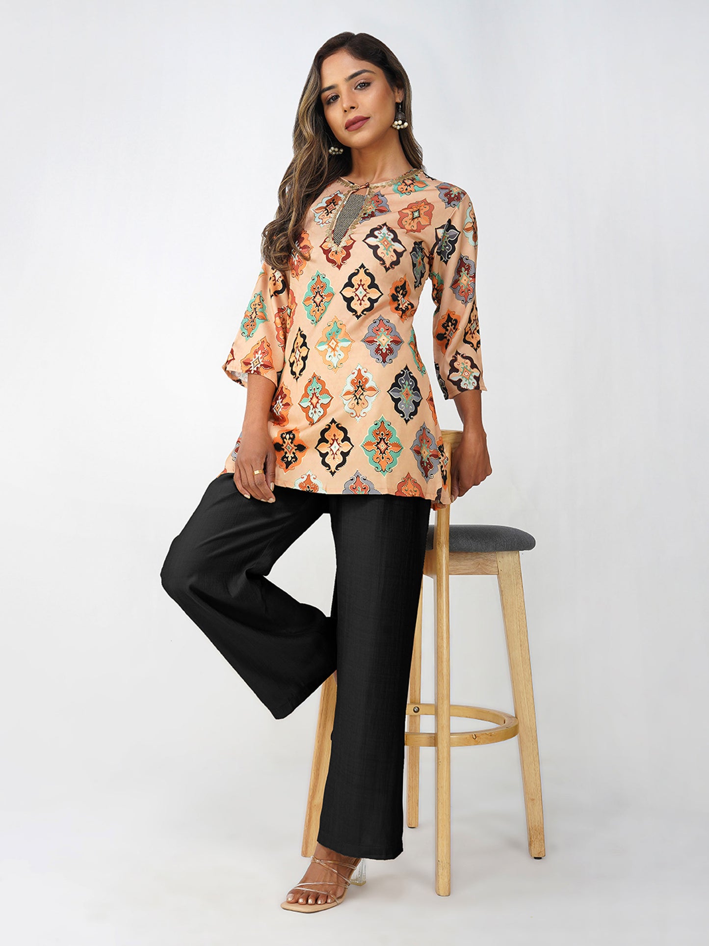 Ruhi Ikat Satin Silk Kurta Set – Peach Festive Bloom