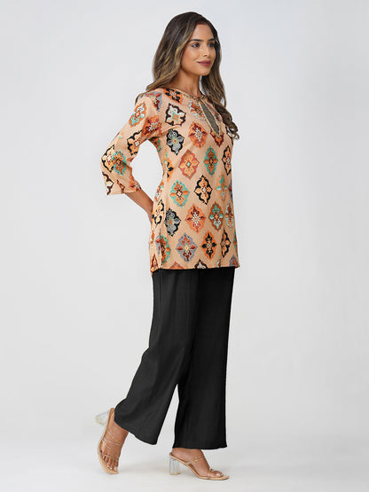 Ruhi Ikat Satin Silk Kurta Set – Peach Festive Bloom