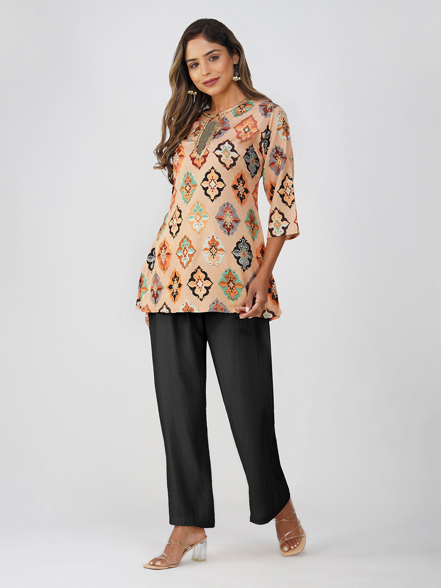 Ruhi Ikat Satin Silk Kurta Set – Peach Festive Bloom