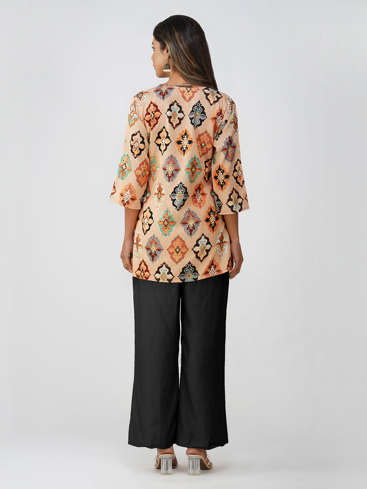 Ruhi Ikat Satin Silk Kurta Set – Peach Festive Bloom