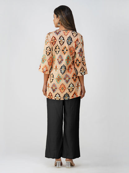 Ruhi Ikat Satin Silk Kurta Set – Peach Festive Bloom