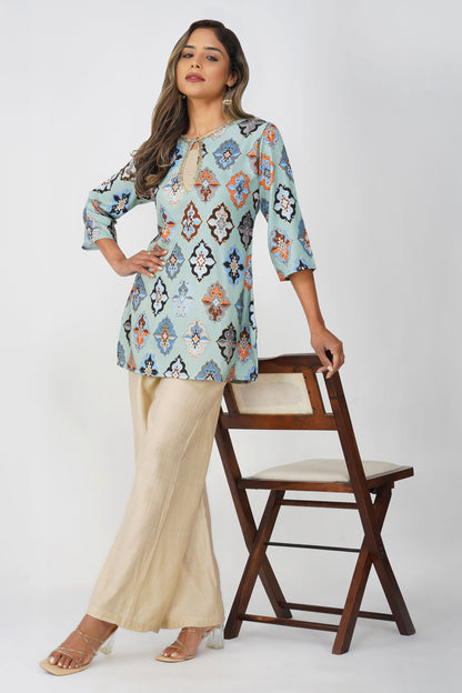 Ruhi Ikat Satin Silk Kurta Set – Mint Mosaic