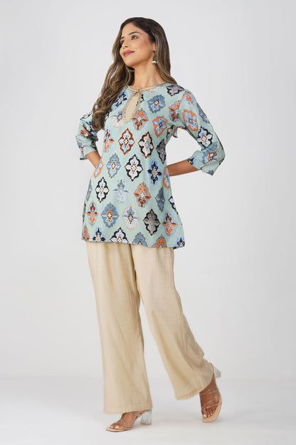 Ruhi Ikat Satin Silk Kurta Set – Mint Mosaic