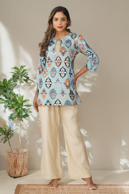 Ruhi Ikat Satin Silk Kurta Set – Mint Mosaic