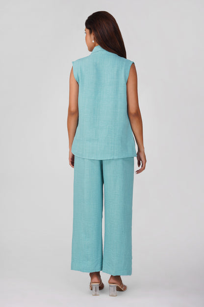 Asmi Linen Jacket Co-ord Set – Sky Blue with Paperbag Trousers | Bindigasm