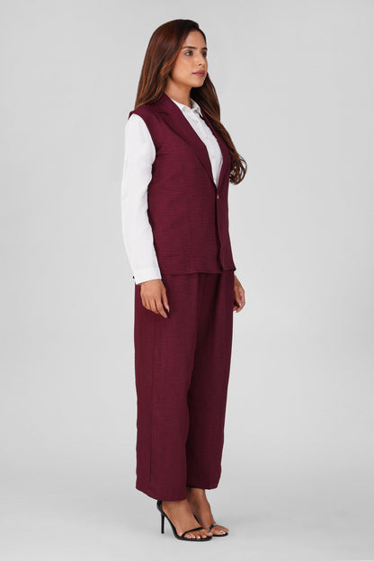 Asmi Linen Jacket Co-ord Set – Maroon with Paperbag Trousers | Bindigasm