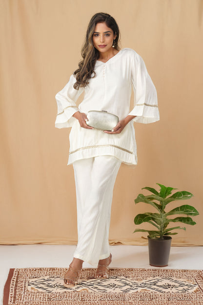 Taara Stripes Gold Lace Coord Set – White