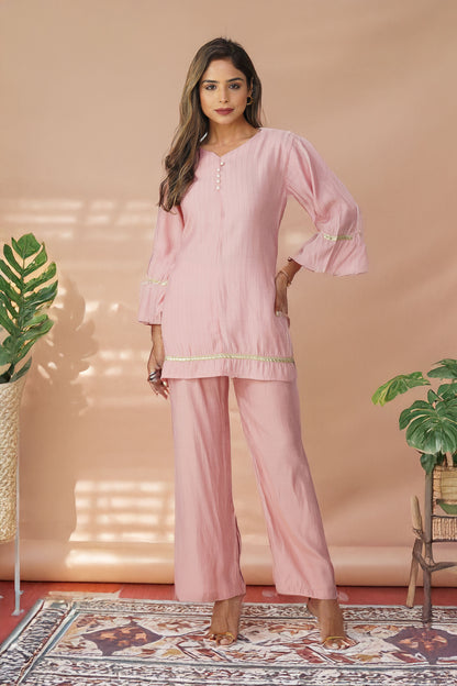 Taara Stripes Gold Lace Coord Set – Rose Pink