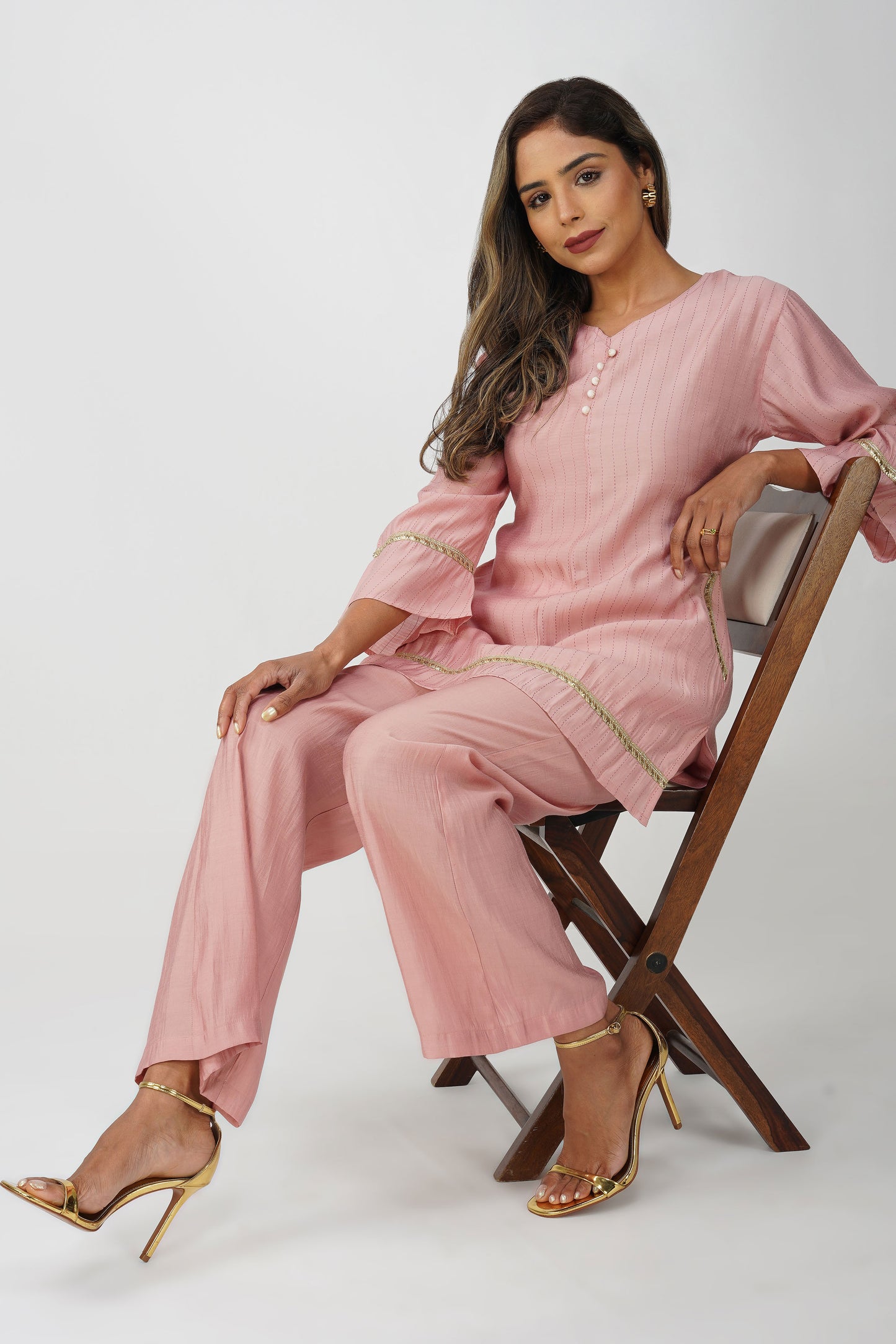 Taara Stripes Gold Lace Coord Set – Rose Pink