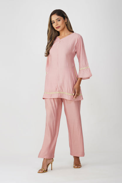 Taara Stripes Gold Lace Coord Set – Rose Pink