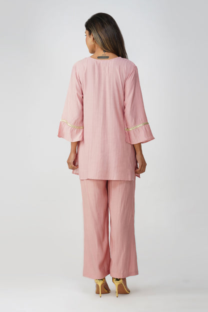 Taara Stripes Gold Lace Coord Set – Rose Pink