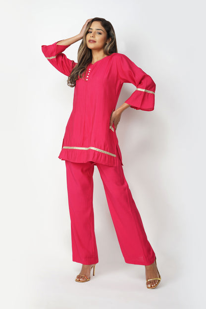 Taara Stripes Gold Lace Coord Set – Rani Pink
