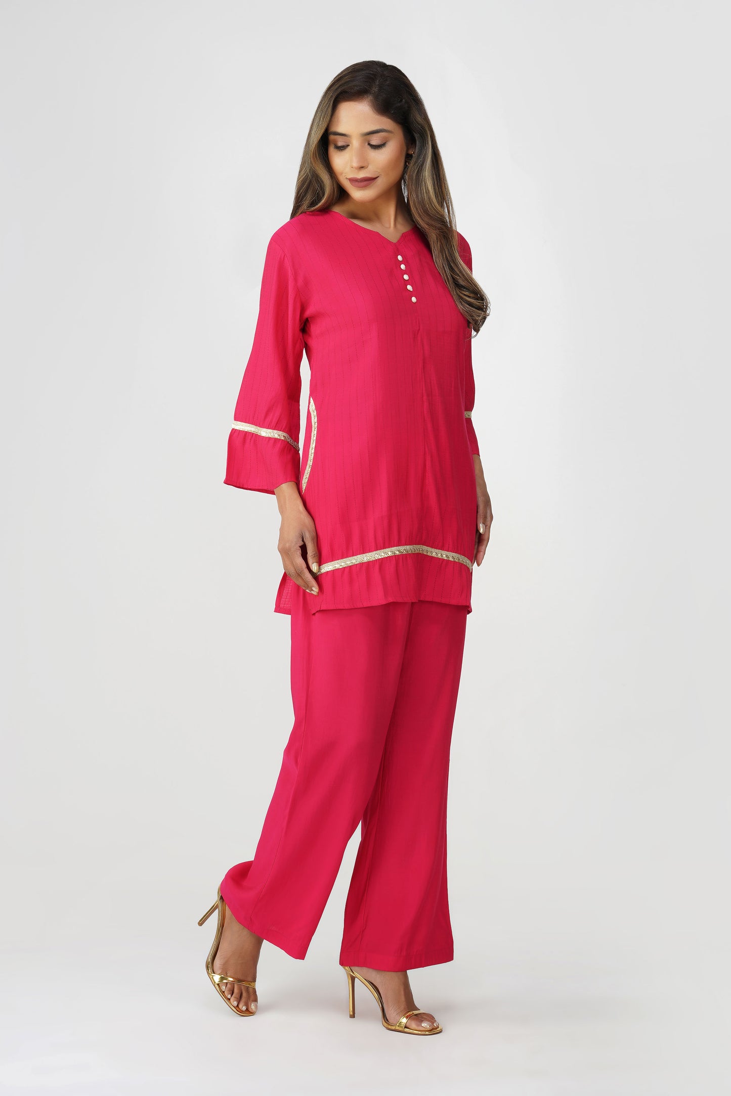 Taara Stripes Gold Lace Coord Set – Rani Pink