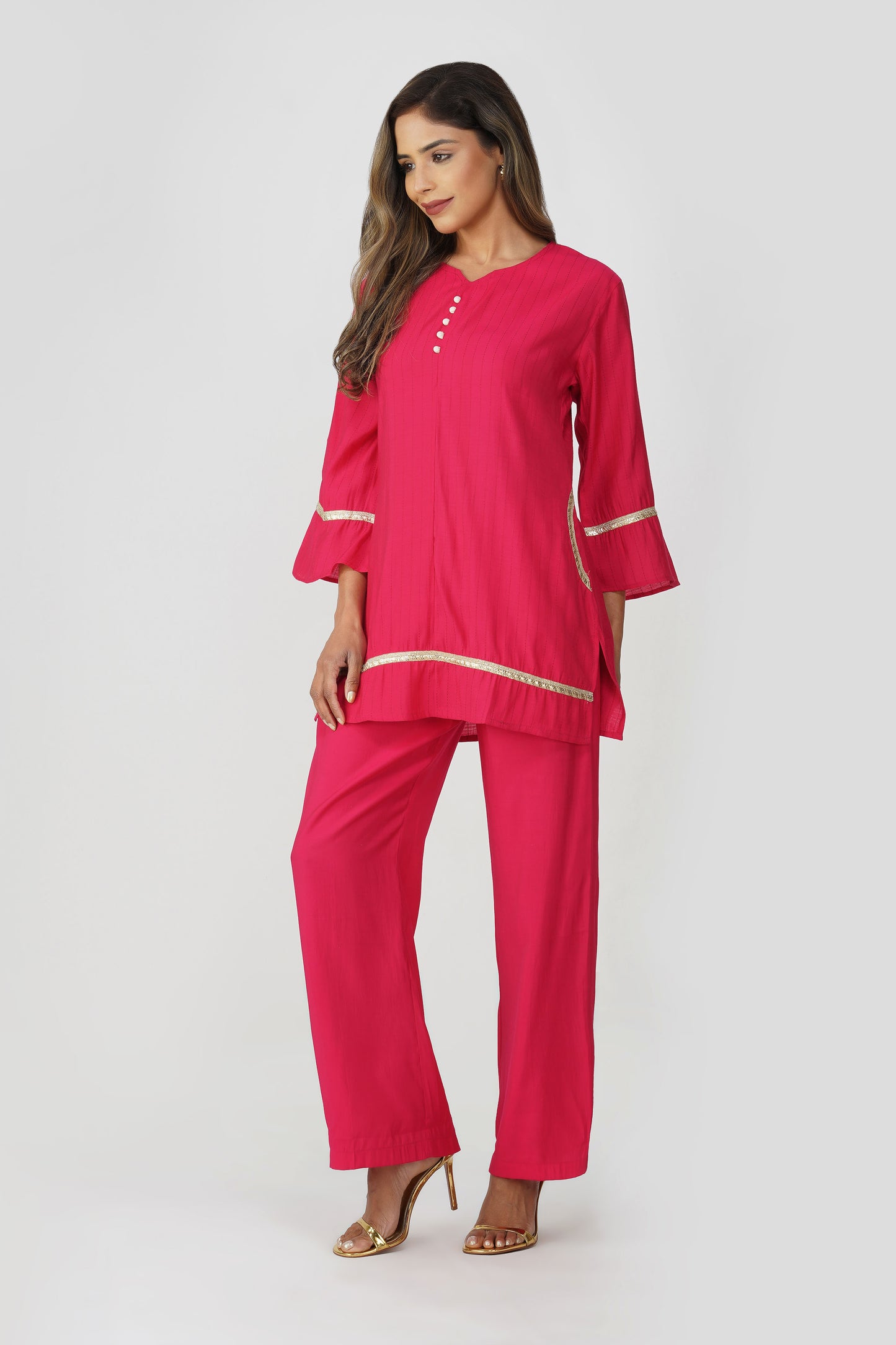 Taara Stripes Gold Lace Coord Set – Rani Pink