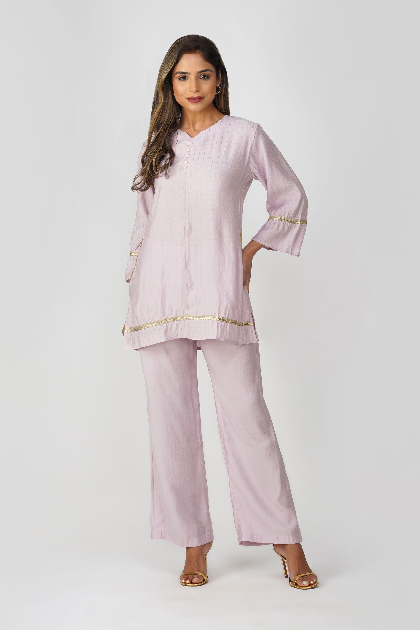 Taara Stripes Gold Lace Coord Set – Lilac