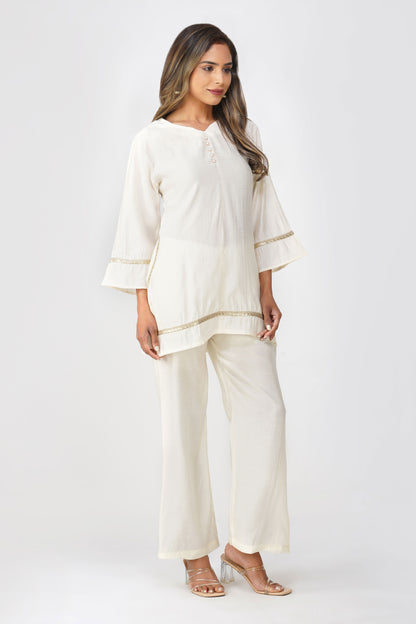 Taara Stripes Gold Lace Coord Set – White