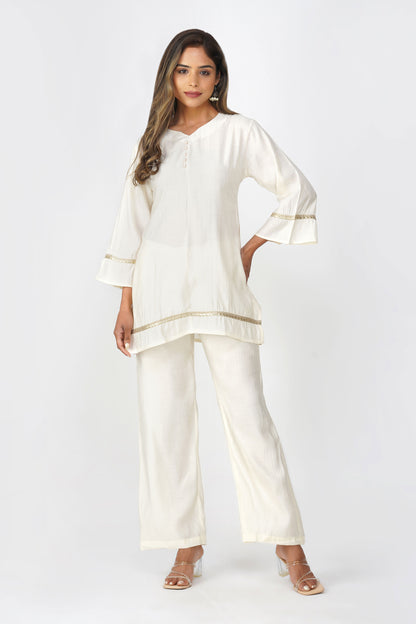 Taara Stripes Gold Lace Coord Set – White
