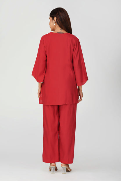 Cham Cham Co-ord Set – Red | Elegant V-Neck Short Kurta with Gold Threads – Bindigasm