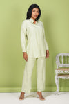 Pastel Green Silk-Denim Co-ord Set – Mirror Embroidered Shirt & Pants