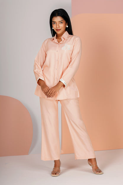 Peach Silk-Denim Co-ord Set – Embroidered Shirt & Relaxed Pants