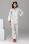 Grey Silk-Denim Co-ord Set – Embroidered Shirt & Relaxed Fit Pants