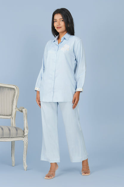 Powder Blue Silk-Denim Co-ord Set – Embroidered Shirt & Relaxed Pants