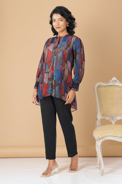 Coffee Multicolour Swarovski Tunic Set – Printed Festive Co-ord with Pants
