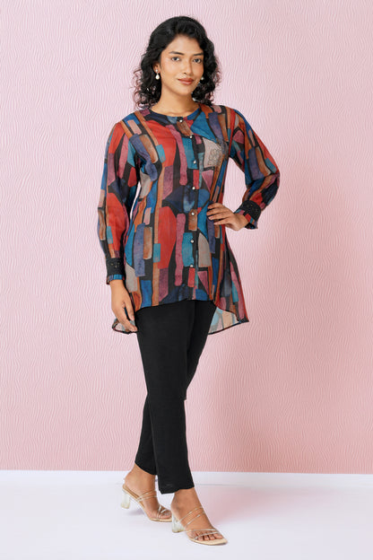 Black Multicolour Swarovski Tunic Co-ord – Printed Festive Set with Pants