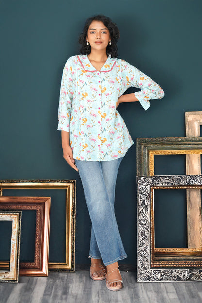 Blush Bib Collar Cotton Shirt – Sky Blue Floral Print