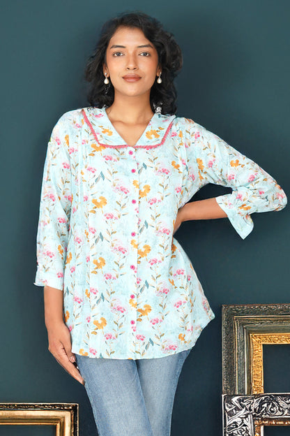 Blush Bib Collar Cotton Shirt – Sky Blue Floral Print