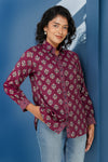 Block Print for Beach Shirt – Wine Linen Blend with Contrast Details