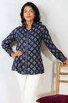 Block Print for Beach Shirt – Navy Linen Blend with Contrast Details
