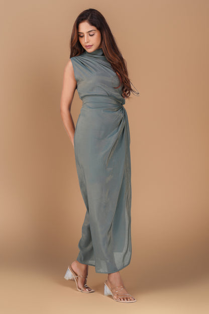 Malaika Shimmering Cowl Drape Coord Set – Charcoal Gray | Bindigasm