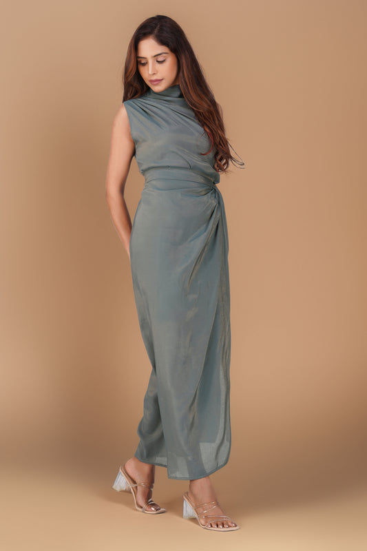 Malaika Shimmering Cowl Drape Coord Set – Charcoal Gray | Bindigasm