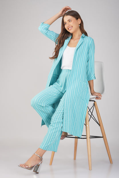Raahi Sea Blue Jacket Co-ord Set – 3-Piece with Spaghetti Top & Striped Flared Pants