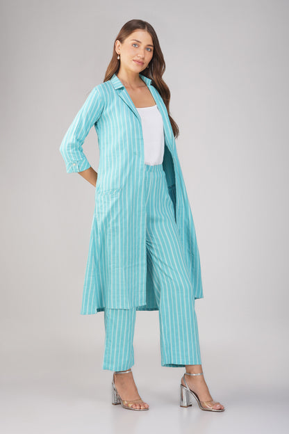 Raahi Sea Blue Jacket Co-ord Set – 3-Piece with Spaghetti Top & Striped Flared Pants