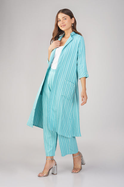 Raahi Sea Blue Jacket Co-ord Set – 3-Piece with Spaghetti Top & Striped Flared Pants