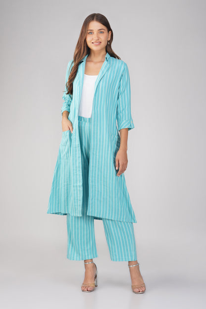 Raahi Sea Blue Jacket Co-ord Set – 3-Piece with Spaghetti Top & Striped Flared Pants