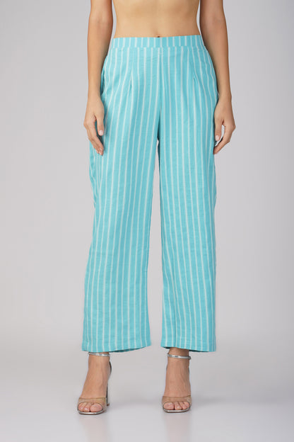 Raahi Sea Blue Jacket Co-ord Set – 3-Piece with Spaghetti Top & Striped Flared Pants