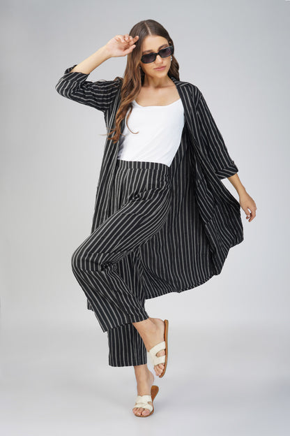 Raahi Black Jacket Co-ord Set – 3-Piece with Spaghetti Top & Striped Flared Pants
