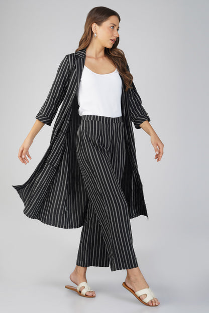 Raahi Black Jacket Co-ord Set – 3-Piece with Spaghetti Top & Striped Flared Pants