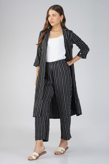 Raahi Black Jacket Co-ord Set – 3-Piece with Spaghetti Top & Striped Flared Pants