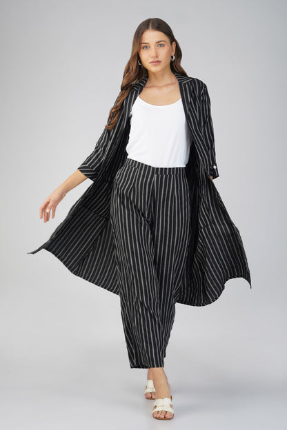 Raahi Black Jacket Co-ord Set – 3-Piece with Spaghetti Top & Striped Flared Pants