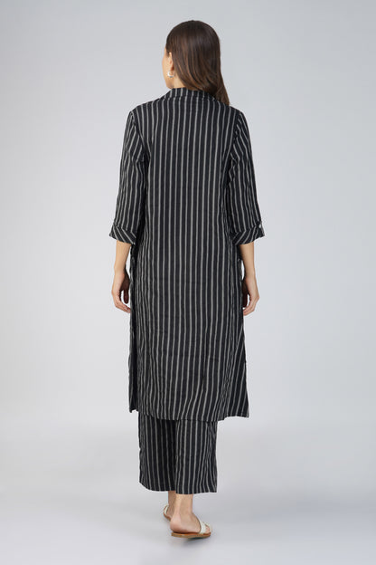 Raahi Black Jacket Co-ord Set – 3-Piece with Spaghetti Top & Striped Flared Pants